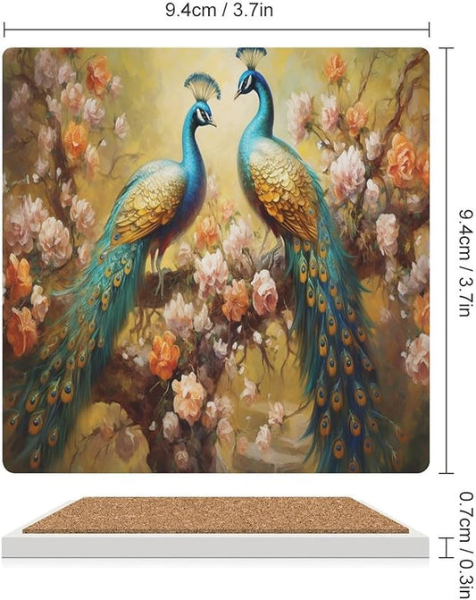 Square-4PCS Peacock Ceramic Coasters, Square Absorbent Drink Coasters, Vintage Art Beautiful Plant Floral Green Peacock Ceramic Table Coasters for Coffee, Beverage, Wine, Beer Coasters