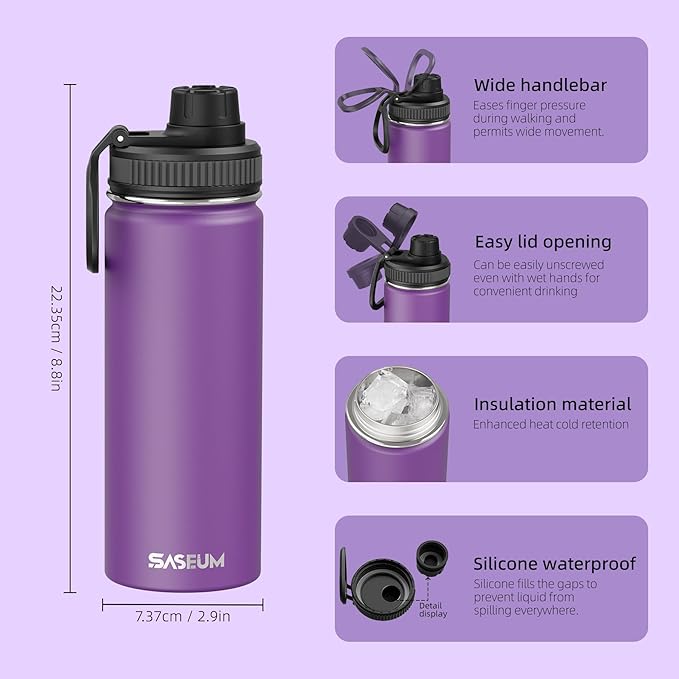 SASEUM Sport Water Bottle 18oz Stainless Steel Double Wall Vacuum Thermal Mug with Leak Proof Spout Lids, Wide Mouth Metal Insulated Water Jug for Gym and Travel（Purple）