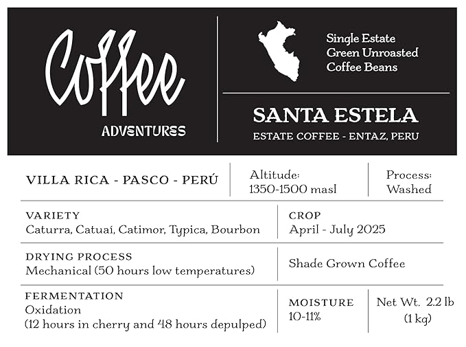 Coffee Adventures Green Unroasted Coffee Beans From Peru - Finca Santa Estela Single Estate Blend - Caturra, Catuaí, Catimor, Typica, Bourbon Blend - Direct Trade Green Coffee Beans for Coffee Roaster | 2.2 lb (1 kg)