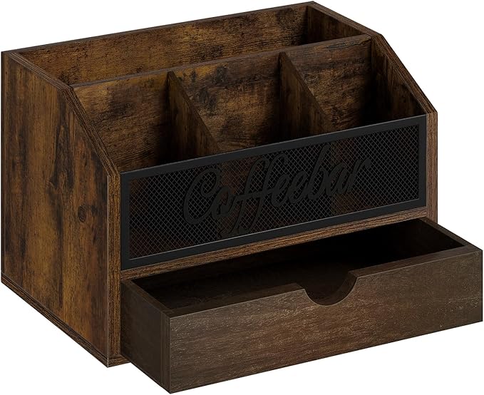 YINMIT Coffee Station Organizer with Drawer for Countertop, Wood Coffee Bar Organizer with Removable Dividers for Pods, Syrup, Cups, Stirrer, Office Bar Accessories (Iron Mesh-Vintage Brown, 2 Tier)