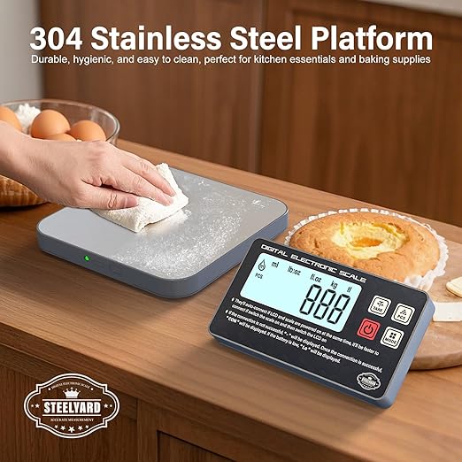 Rechargeable Digital Kitchen Food Scale - Detachable Display Electronic Weight Scale for Bread Making & Coffee Brewing, 304 Stainless Steel Platform, Backlit LCD, Count Mode, Wall-Mount & Tilt Stand