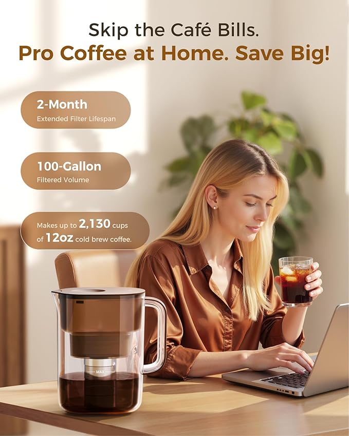 Waterdrop Cold Brew Coffee Maker with 1 Magnesium Water Filter, Well-Balanced Acidity, Unlocks Flavor and Aroma, BPA-Free, Precision Fine Mesh Filter for Iced Coffee, Tea, Lemonade, Brown
