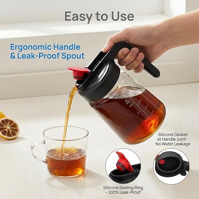 ECORELAX Cold Brew Coffee Maker,High Transparency Borosilicate Glass Container with Stainless Steel Filter, Iced Tea Pitcher with Lid,Modern Style, Ergonomic Handle,Spill-proof Lid (Black, 1L/32oz)