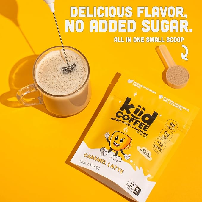 Kiid Coffee - 99.9% Caffeine-Free Organic Coffee for Kids - As Seen on Shark Tank - 12 Vitamins & Minerals, 4g Prebiotics, 0g Sugar - Non-GMO & Gluten-Free - Healthy Snack - Caramel - 12 Servings