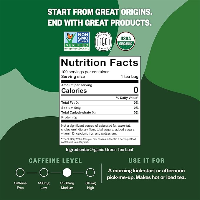 FGO Organic Green Tea, 100 Count Eco-Conscious Tea Bags, Caffeinated, Resealable Pouch, Packaging May Vary (Pack of 1)