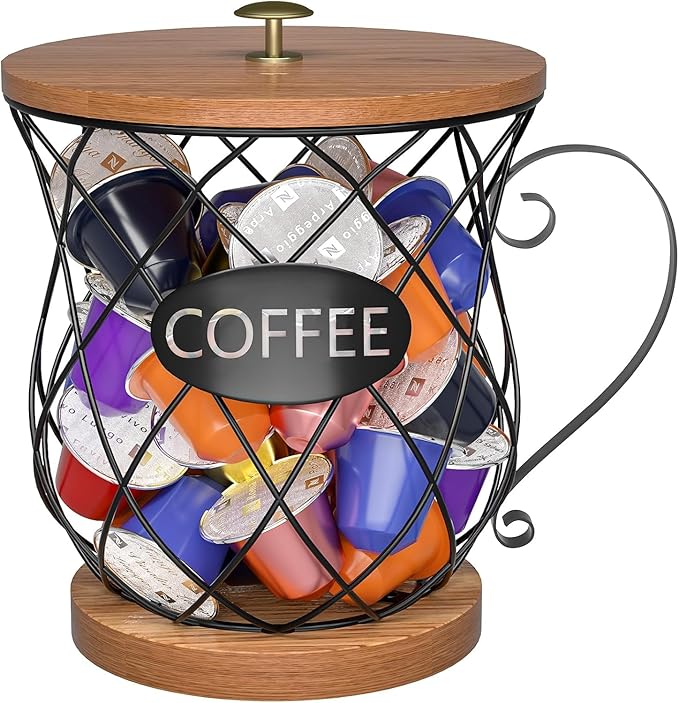 Coffee Pod Holder with Lid -Coffee Creamer Holder Large Capacity Holder for k Holder Organizer for Counter - Coffee Decor Station for Pods, Espresso, Capsules, Creamer, (Black-HH)
