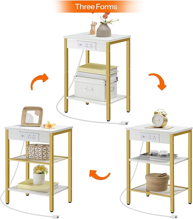 HOOBRO Side Tables Set of 2 with Charging Station and USB Port, Small End Tables for Small Space, 3-Tier Nightstands with Adjustable Shelf, for Living Room, Bedroom, White and Gold DW112BZP201G1
