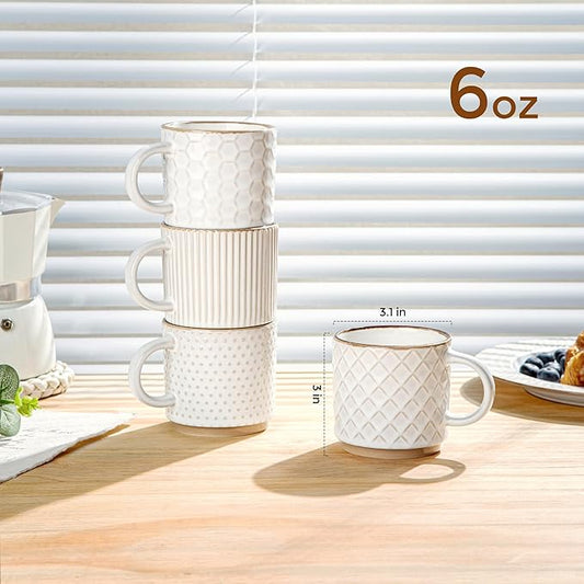 GBhome 6OZ Stackable Coffee Mugs, Ceramic Coffee Mugs with Texture Patterns for Man,Woman,Dad,Mom, Modern Coffee Cups Set of 4 for Espresso/Cappuccino. Dishwasher&Microwave Safe
