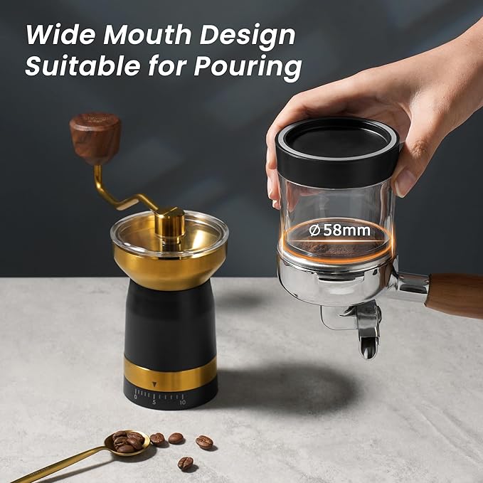 VEVOK CHEF Manual Coffee Grinder 10 External Adjustment Fashion Bean Grinder Stainless Steel Double Bearing Conical Burr Portable Hand Coffee Mill for Home,Camping,Gold