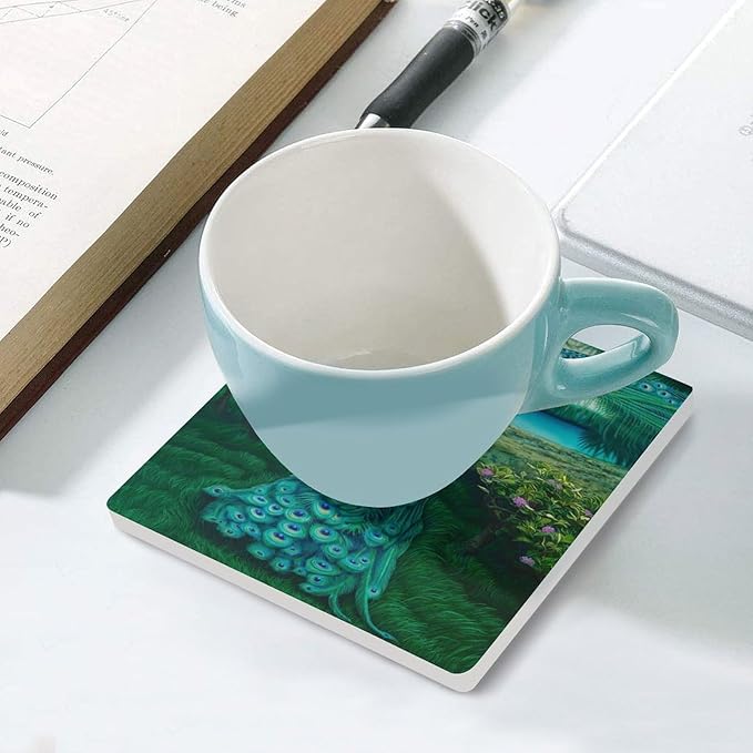 Square-4PCS Peacock Drink Coasters, Square Modern Ceramic Absorbent Coasters, Vintage Tree Branch Beautiful Plant Floral Green Peacock Decor Desk Coffee Table Coaster for Beverage Cup Tea Coasters