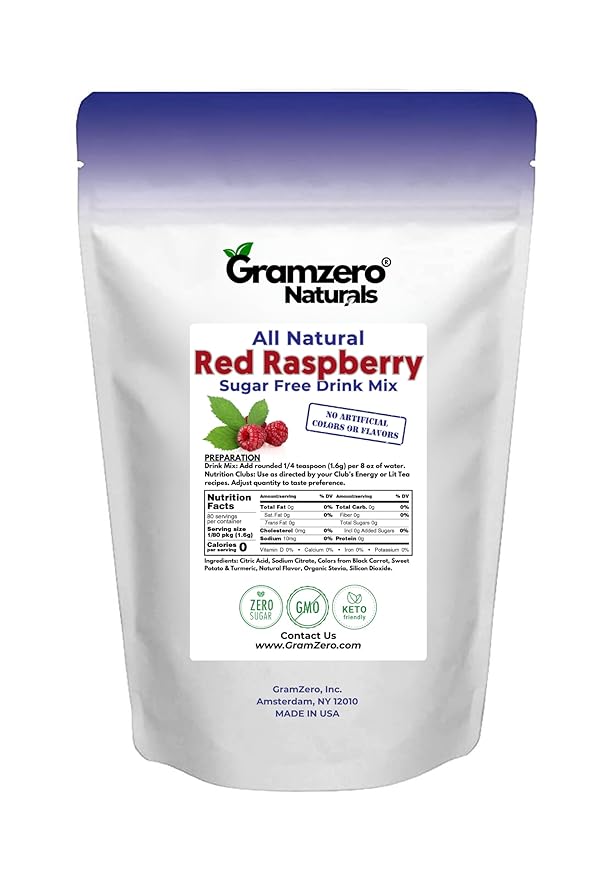GramZero All Natural Red Raspberry Zero Calorie Sugar Free Drink Mix, Great For Nutrition Club Loaded Tea, Stevia Sweetened