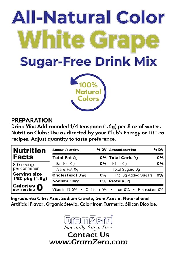 GramZero White Grape Zero Calorie Sugar Free Drink Mix, Great For Nutrition Club Loaded Teas, Stevia Sweetened