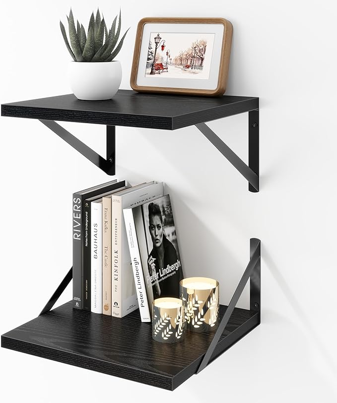 Deep Floating Shelves Wall Mounted, 12"x12" Black Wall Shelves with Brackets Set of 2 for Bedroom, Living Room, Bathroom, Kitchen, Office - Storage & Display Shelf for Decor, Books, Plants