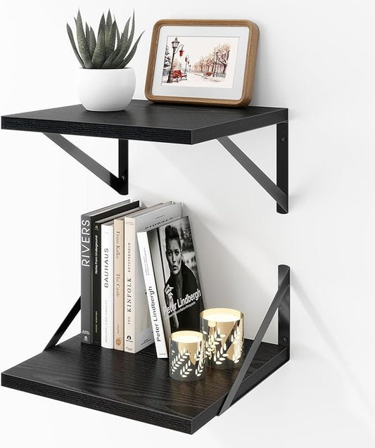 Deep Floating Shelves Wall Mounted, 12"x12" Black Wall Shelves with Brackets Set of 2 for Bedroom, Living Room, Bathroom, Kitchen, Office - Storage & Display Shelf for Decor, Books, Plants