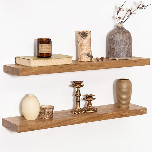 30 Inch Floating Shelves Set of 2, Rustic Solid Elm Wood Floating Shelf for Farmhouse, Living Room, Bedroom, Wall Mounted Bathroom Shelves Heavy-Duty Wall Shelf with Invisible Bracket, Natural