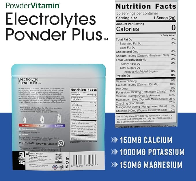 PowderVitamin Electrolytes Powder Plus (50 Servings) Unflavored Electrolyte Powder Keto, Sugar Free, Pink Himalayan Salt.,1000mg Potassium,150mg Calcium,150mg Magnesium, NO Stevia