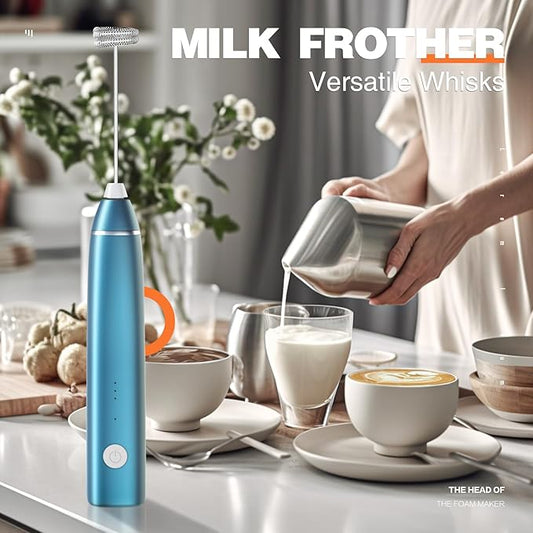Milk Frother Rechargeable Handheld Electric Whisk Coffee Frother Mixer with 2 Stainless whisks 3 Speed Adjustable Foam Maker Blender for Coffee Matcha Latte Cappuccino Hot Chocolate（C-Blue）