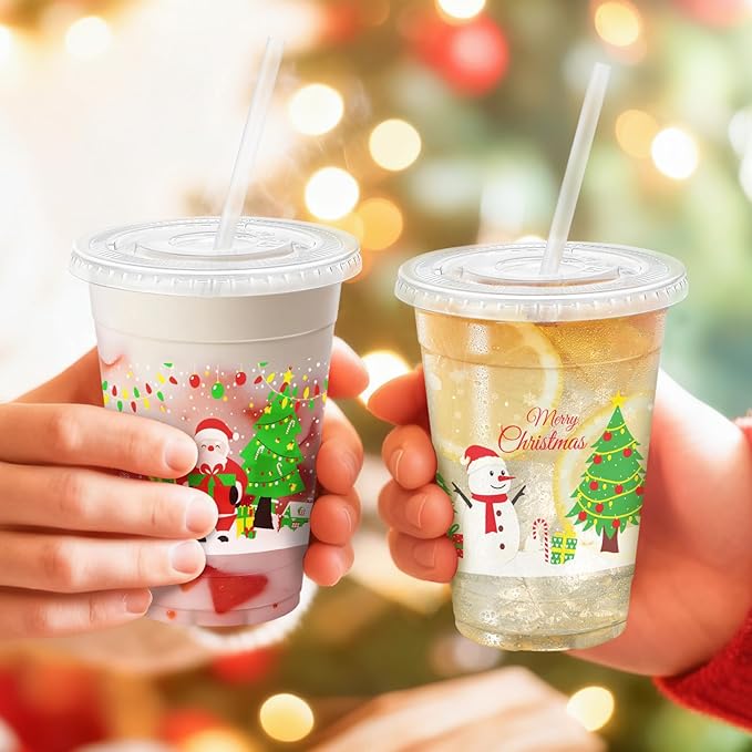 Lamosi 50 Pack 16 oz Christmas Clear Plastic Cups with Lids and Straws, Disposable Snowman Santa Plastic Coffee Cups with Lids for Family Gatherings, Wedding, Parties