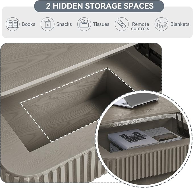SZTHHDF Lift Top Coffee Table for Living Room,Rectangle Handmade Solid Wood Strips, Fluted Coffee Table with Hidden Storage Compartment Small Space Office Apartment (38.6" L×26.8''W×13.8''H-Grey)