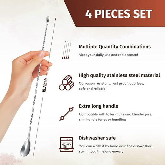 Roshtia 4 Pcs 15.7 Inches Bar Spoon Stainless Steel Cocktail Stirrer Mixing Spoon Spiral Pattern for Bar Cocktail Shaker Tall Cups(Silver)