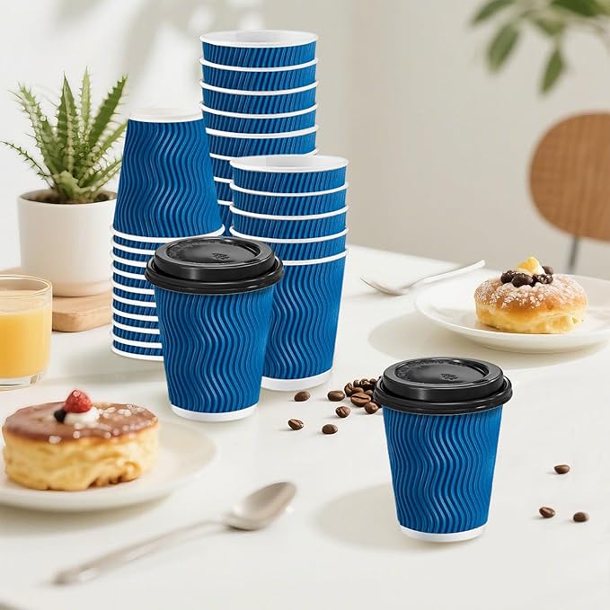 Clawsoff 100 Pack Coffee Cups with Lids 8 oz, Disposable Insulated Ripple Wall To Go Paper Coffee Cups for Hot/Cold Drinks Office Home Shop Event (Navy)