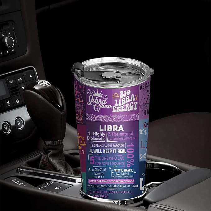 Libra Zodiac Tumbler - Birthday Gift for Women, Astrology Gothic Witchy Constellation Insulated Coffee Mug With Lid and Straw, Purple, 20 OZ