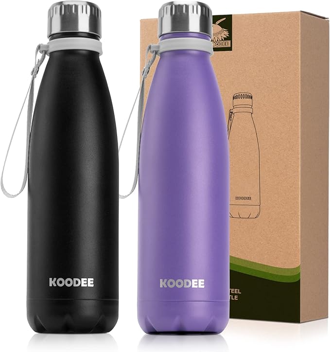 koodee Kids Insulated Water Bottle-17 oz Stainless Steel Double Wall Vacuum Flask Cola Shape Leak Proof Sports Water Bottle for School (Black-Purple)