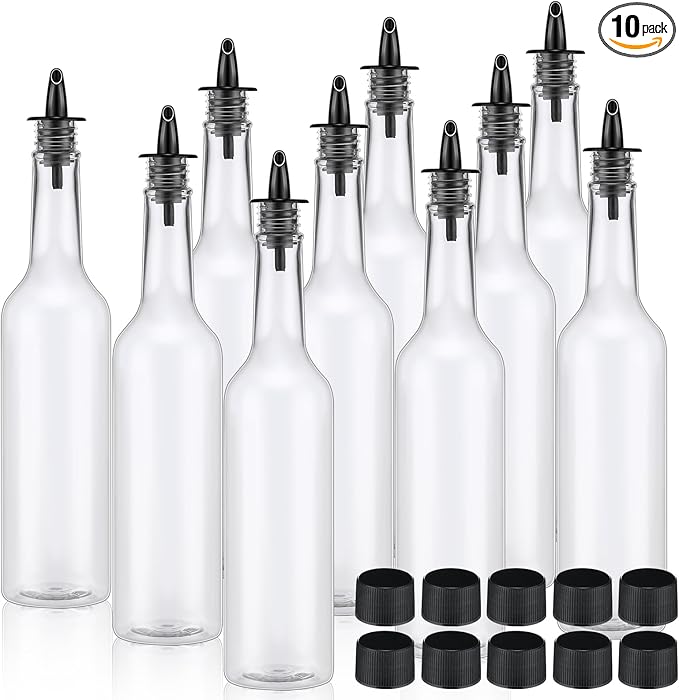 Tioncy 10 Sets 15oz Plastic Liquor Bottles with Pourers Sets 10 Plastic Long Neck Syrup Bottles with Pourer and Caps Reusable Leakproof for Home Party Bar(Black)