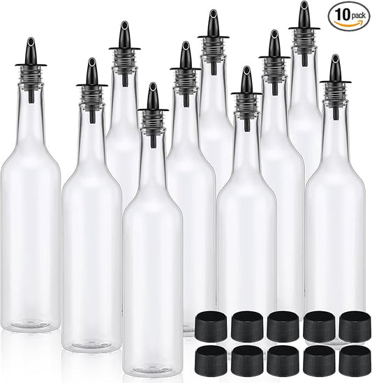 Tioncy 10 Sets 15oz Plastic Liquor Bottles with Pourers Sets 10 Plastic Long Neck Syrup Bottles with Pourer and Caps Reusable Leakproof for Home Party Bar(Black)