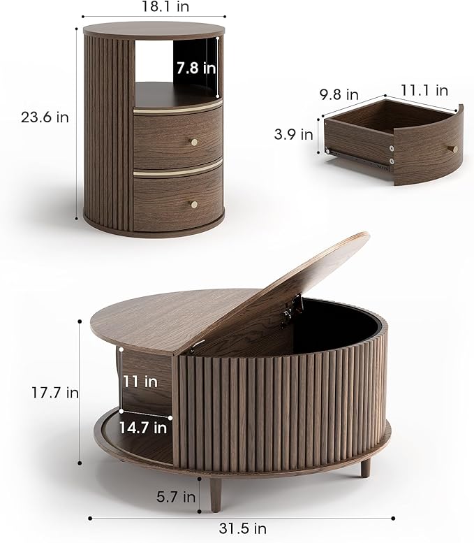 Round Coffee Table and End Table Set,31.5" Mid Century Modern Living Room Furniture, Walnut Fluted Center Table with Storage & Matching Side Table for Small Space