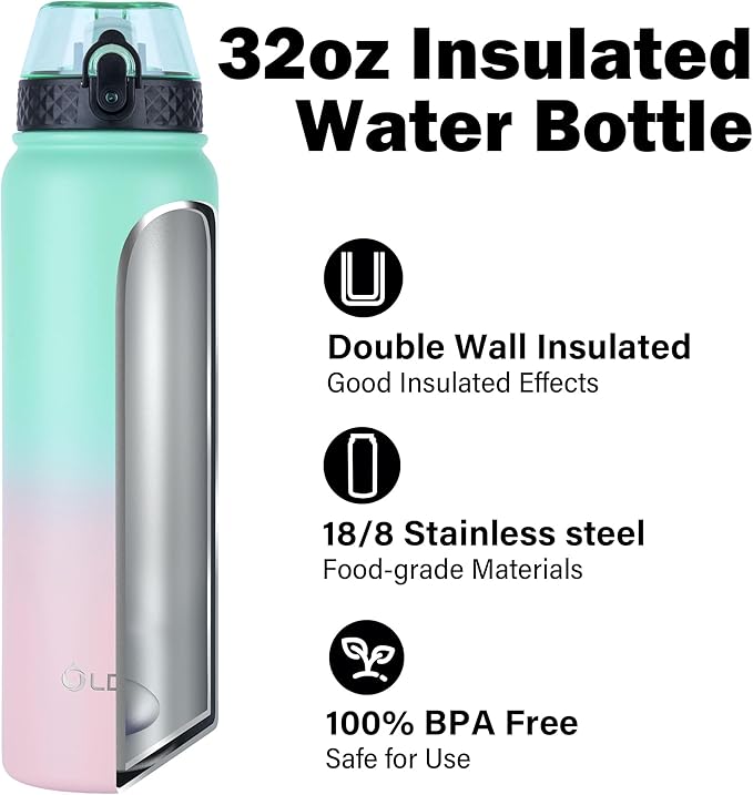 Oldley Insulated Water Bottle 32oz Water Bottles with Straw, Stainless Steel Water Bottle with 3 Lids, Double Wall Vacuum Bottles for Adults, Leak-proof Sports Bottles for School Travel,Green-Pink