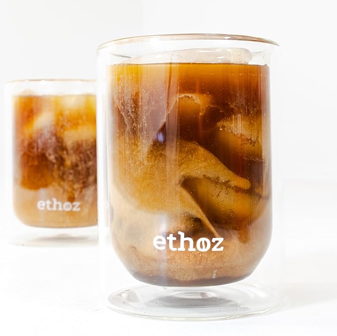 Ethoz® Double Walled Glass Tumblers – Insulated Borosilicate Cups, 8 fl.oz (Set of 2), Ideal for Coffee, Tea, Whiskey, Matcha | Elegant & Durable Design, Perfect for Holiday Gifts!