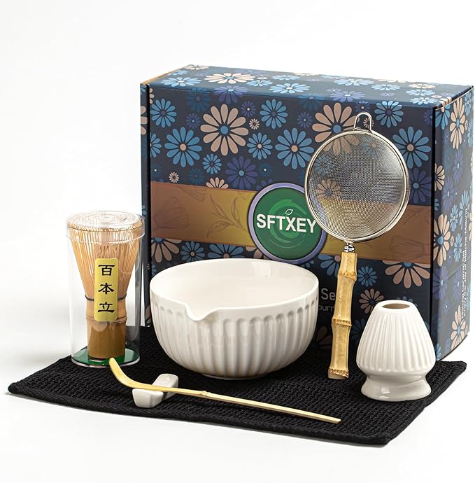 Matcha Whisk Set, Matcha Set Includes Ceramic Matcha Bowl, Matcha Whisk and Holder, Bamboo Scoop, Sifter, Scoop Rest and Tea Towel - 7 Pcs Matcha Making Kit for Matcha Lover and Tea Ceremony