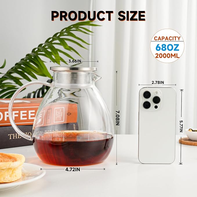 GURUDAR 68OZ/2000ML One Touch Glass Teapot with Stainless Steel Filter Lid, Stovetop & Microwave Safe Tea Maker Water Kettle, Strainer & Cover 2 in 1 Loose Leaf Tea Steeper Pot Coffee Carafe