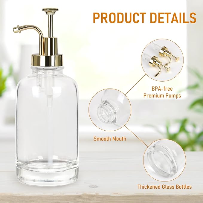Coffee Syrup Dispenser 16.9 Oz 2 Pack, 500ml Glass Bottle with Gold Pump for Coffee Bar, Includes 36 Stickers - Reusable Syrup Bottles