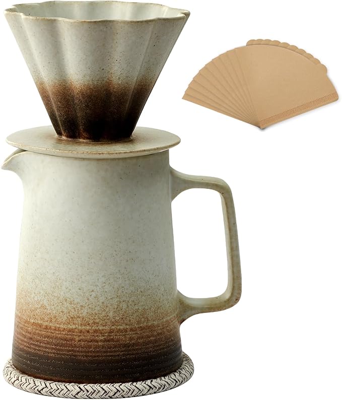 Pour Over Coffee Maker, Ceramic Coffee Dripper with 40pcs V02 Paper Filter & Coaster, 18.2oz/540ml Flower Shape Pour Over Coffee Filter set (Brown Gradient Set)