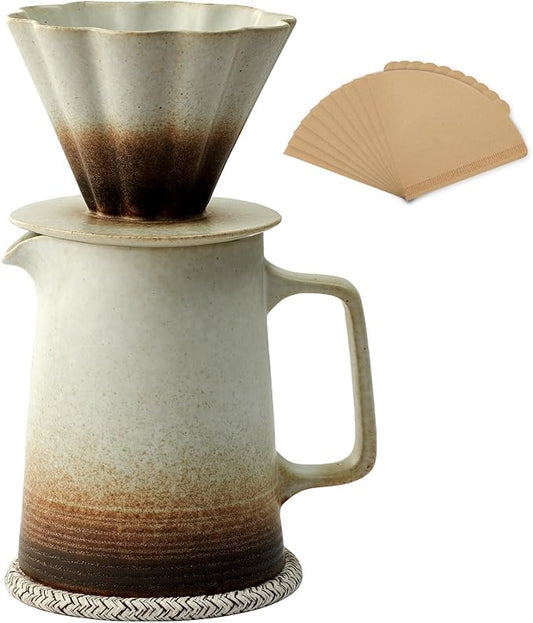 Pour Over Coffee Maker, Ceramic Coffee Dripper with 40pcs V02 Paper Filter & Coaster, 18.2oz/540ml Flower Shape Pour Over Coffee Filter set (Brown Gradient Set)