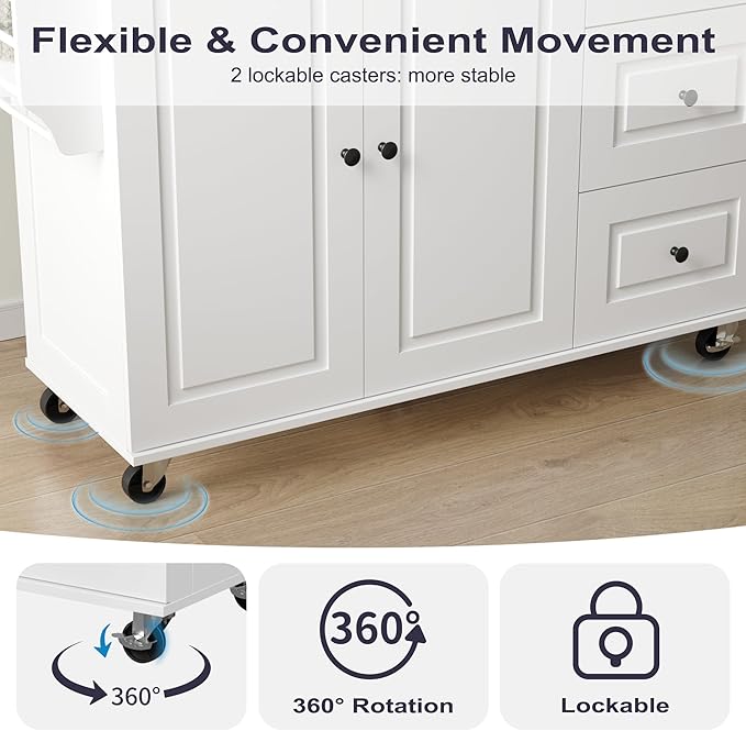 Mobile Kitchen Island with Drop Leaf, Rolling Kitchen Cart with 3 Drawers, Kitchen Storage Cabinet on Wheels, Island Table with Towel and Spice Rack for Dining Room, Living Room, White