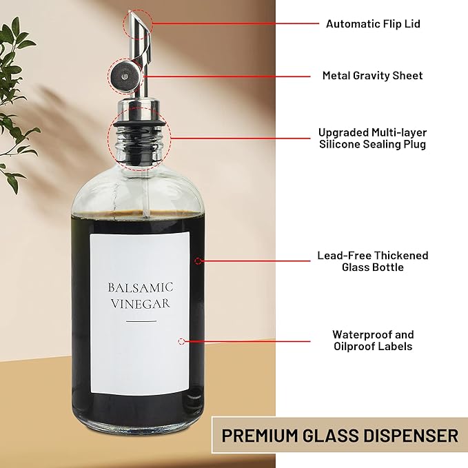 3PCS Oil Dispensers with Labels 16.23oz Kitchen Cooking Glass Bottles Containers with 304 Stainless Steel Automatic Pump Heads Anti-Corrosion & Rustproof