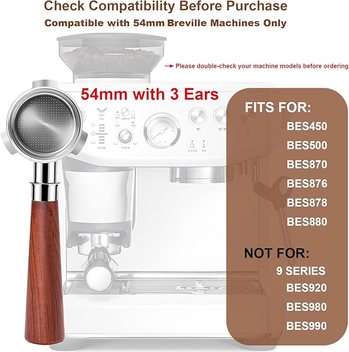54mm Bottomless Portafilter with Puck Screen & WDT Tool – Compatible with Breville Barista Express/Pro/Touch, Bambino Plus, Infuser, Duo-Temp Pro, 18–20g Filter Basket and Rosewood Handle