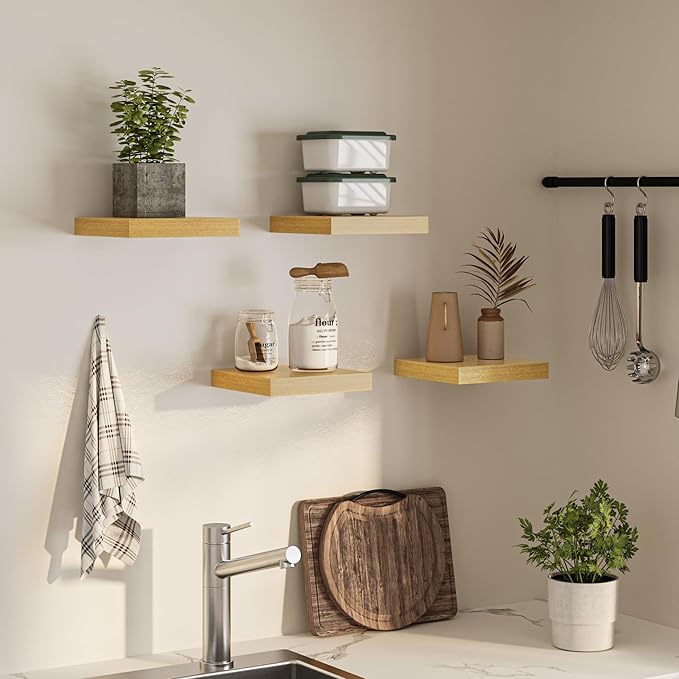 Square Floating Shelves for Wall, 10" W x 10" D x 1.4" H, Small Wooden Wall Mounted Display Shelves with Invisible Brackets for Living Room, Bedroom, Bathroom, Kitchen Decor, Set of 4, Oak