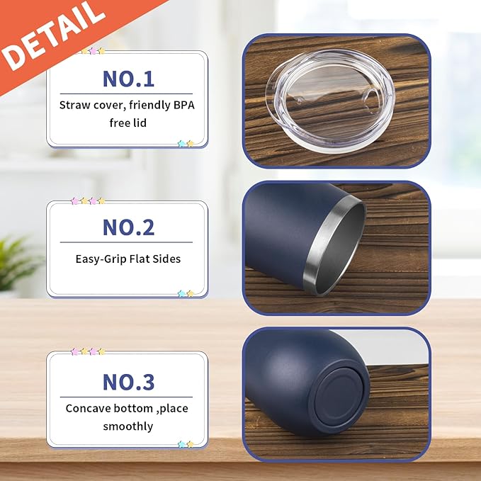 StarSpeed 12oz/6 Pack Wine Tumbler with lid, Stainless Steel Travel Mugs Stemless Double Wall Insulated Coffee Cup, Insulated Wine Glasses Travel Tumbler for Cold & Hot Drinks(Navy Blue, 6)