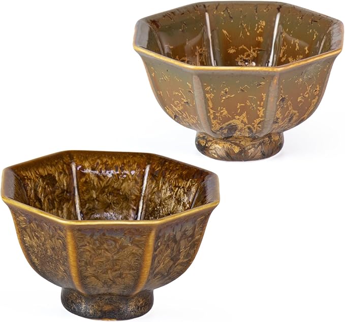 KAMMAK Ceramic Tea & Coffee Cups Set of 2 - Vintage Crystalline Glaze Espresso Mugs, 3.4oz Hand Painted for Afternoon Tea or Coffee, Birthday Gift for Women Men, Tall Octagonal Cup