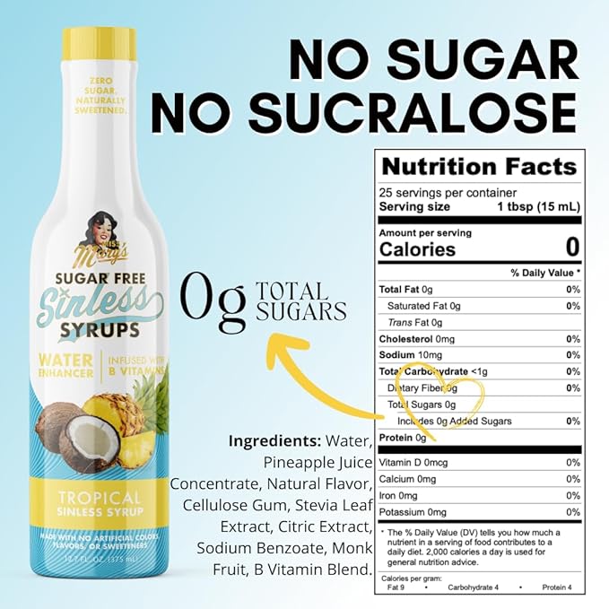 Sugar Free Tropical Sinless Syrup - Stevia Based, No Sugar Alcohols or Sucralose, No Artificial Sweeteners, Natural Ingredients, Water Enhancer, Tea, Desserts Keto Friendly, 1 Pack