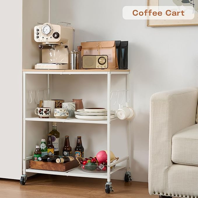 Rolling Kitchen Microwave Cart, 3 Tier Microwave Stand with Storage, Small Kitchen Island on Wheels, Wood and Mental Kitchen Shelf Rack, White Organizer for Living Room, Office, Balcony