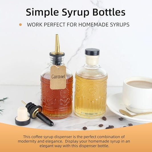 Simple Syrup Bottles Set of 2, Glass Coffee Syrup Dispenser Bottles 7 OZ With Metal Pour Spout, Labels and Stopper, Glass Syrup Dispenser for Maple Honey Syrup Oil and Sauces, LC002