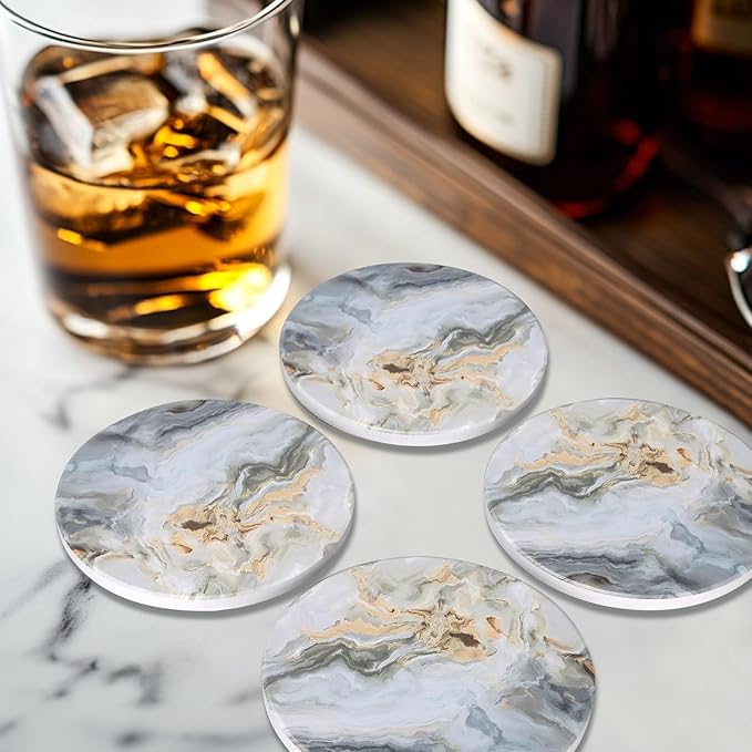 6 Pcs Grey Abstract Ceramic Coasters with Holder: 6 Round Modern Drink Coasters, Absorbent, Non-Slip, Gold Metal Holder