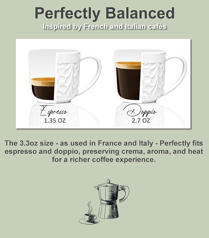 Ceramic Espresso Cups Set of 4 - White Cappuccino Cup with Nature-Inspired Engravings and Comfort-Grip Handle - 3.3 Oz Small Lead-Free Coffee Shot Mugs Safe for Dishwasher, Microwave, Oven, Freezer