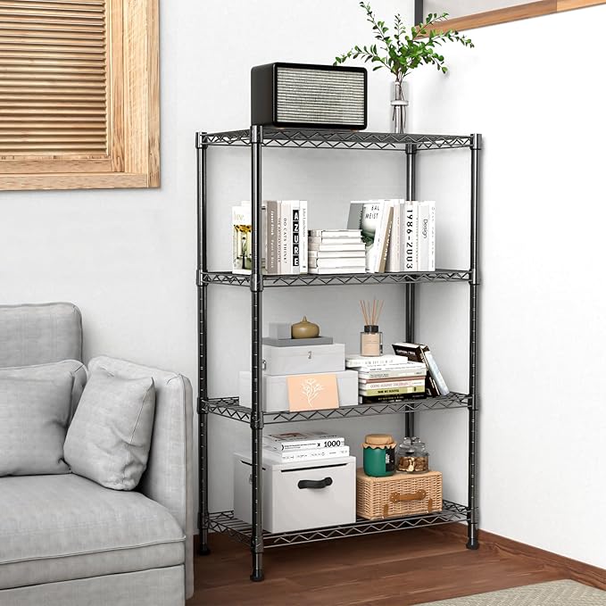 M MZG 1000 lbs Storage Shelving Steel Heavy Duty 4-Tier Utility Shelving Unit Steel Organizer Wire Rack for Home,Kitchen,Office,Black (13.7" D x 23.6" W x 53.4" H)
