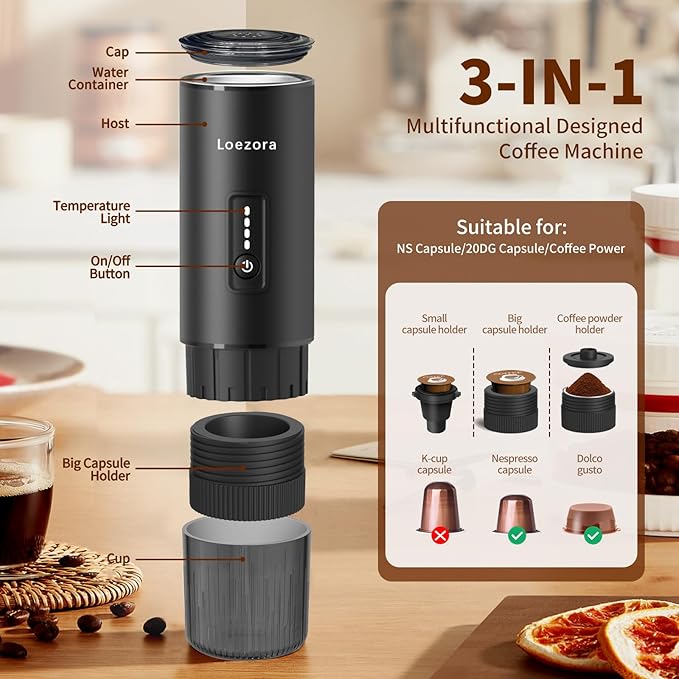 Leozora Portable Espresso Maker, 20Bar Professional Pressure, Stainless Steel Body, 7500mAh USB-C Rechargeable, 3-in-1 for Ground Coffee & Nespresso/DG Capsules, Ideal for Camping, Car, Office, Black